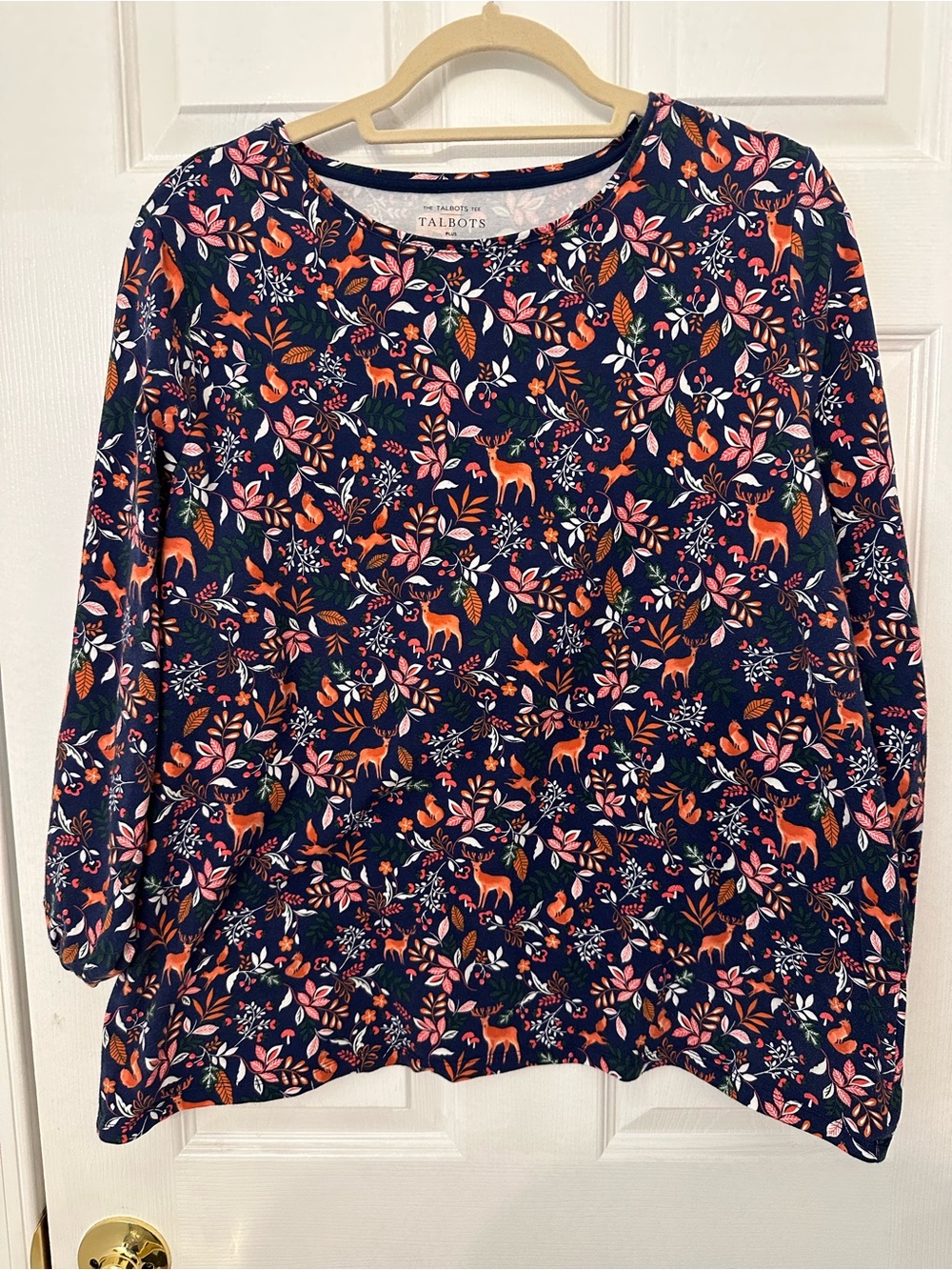 Talbots Plus Size 2X Navy Woodland Animal Print Deer Fox Cotton Spandex Tee Top